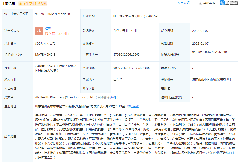阿里健康大药房300万济南设新公司，跨界布局厨具卫具引关注